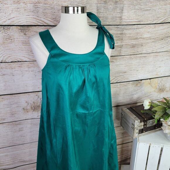 Theory Silk Mini Dress Sleeveless One Shoulder Tie Kelly Green 2 - Picture 2 of 7